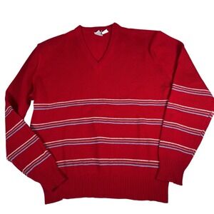 Montgomery Ward Sweater Womens XL Red Striped Acrylic V Neck Vintage Pullover